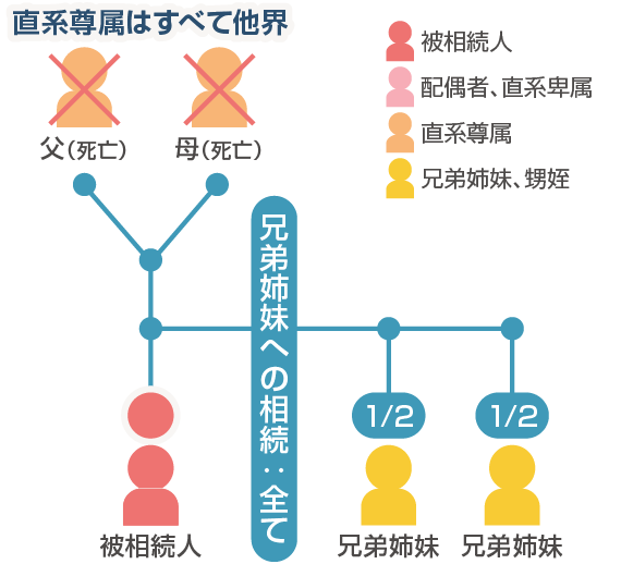 配偶者・子供なし、直系尊属他界、兄弟姉妹2人存命の場合の相続